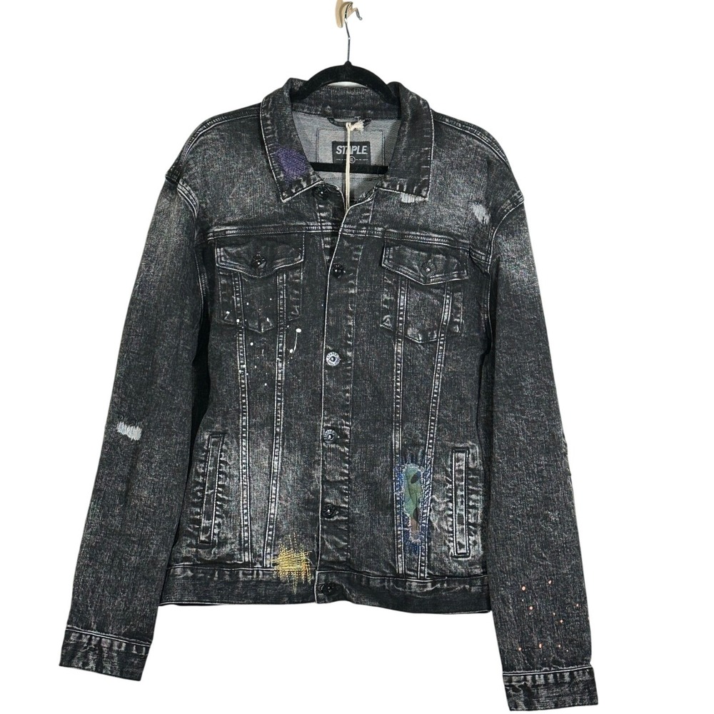 STAPLE Men's Distressed Dark Stone Wash Denim Jacket XL Paint Splatter Patches